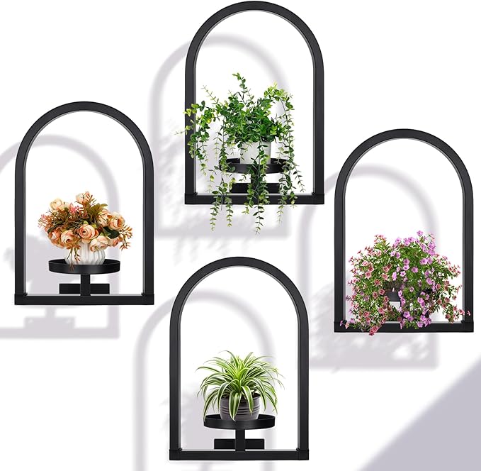 4 Pcs Wall Plant Holder Wall Planters for Indoor Plants Metal Window Planters Shelves Picture Frame for Indoor Outdoor Living Room Balcony Garden (Arch Style)