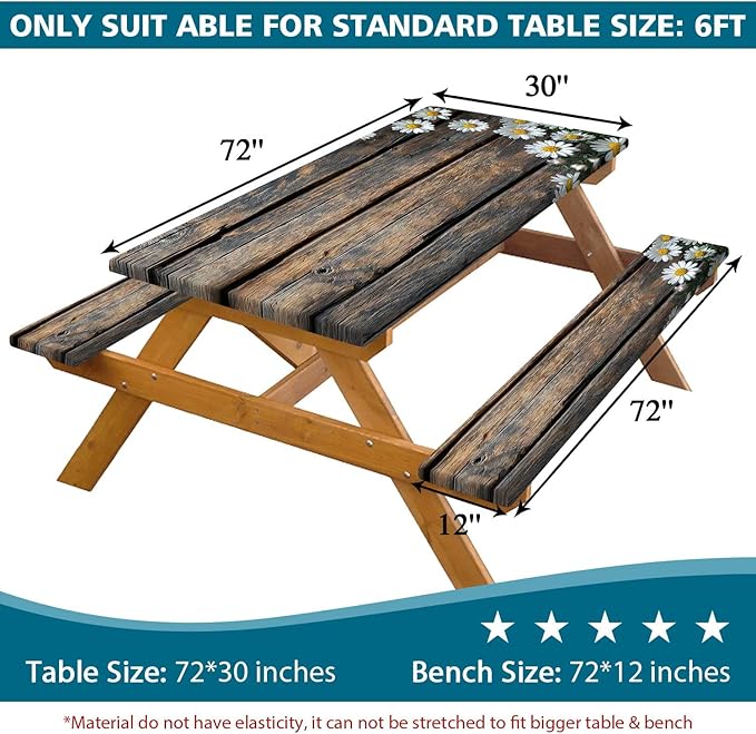 Picnic Table Cover with Bench Cover, Outdoor Patio Camping Essentials Farmhouse Daisy Table Covers with Elastic Waterproof Camping Tablecloth with Drawstring Bag, 60In 3PCS