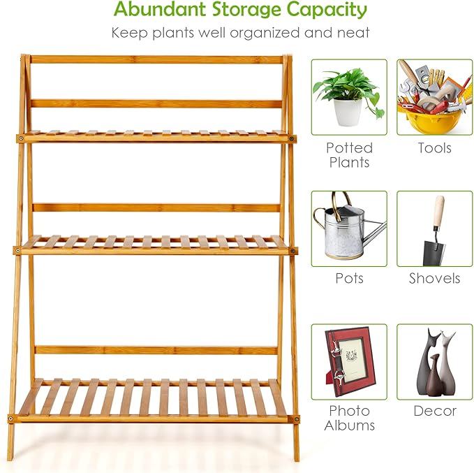 Giantex 3 Tier Folding Storage Shelf, Bamboo Ladder Plant Stand, Multiple Flower Pot Holder Succulent Display Rack, Foldable Shelving Unit for Balcony Garden Living Room Indoor Outdoor
