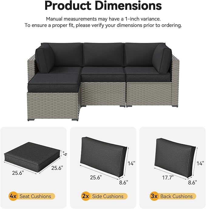 Aoxun Outdoor Replacement Cushions for Patio Furniture, 4'' Water-Repellent Sofa Cushion for 4-Seat Rattan Wicker Sectional, Deep Seats & Fade Resistant (9-Piece, Black)