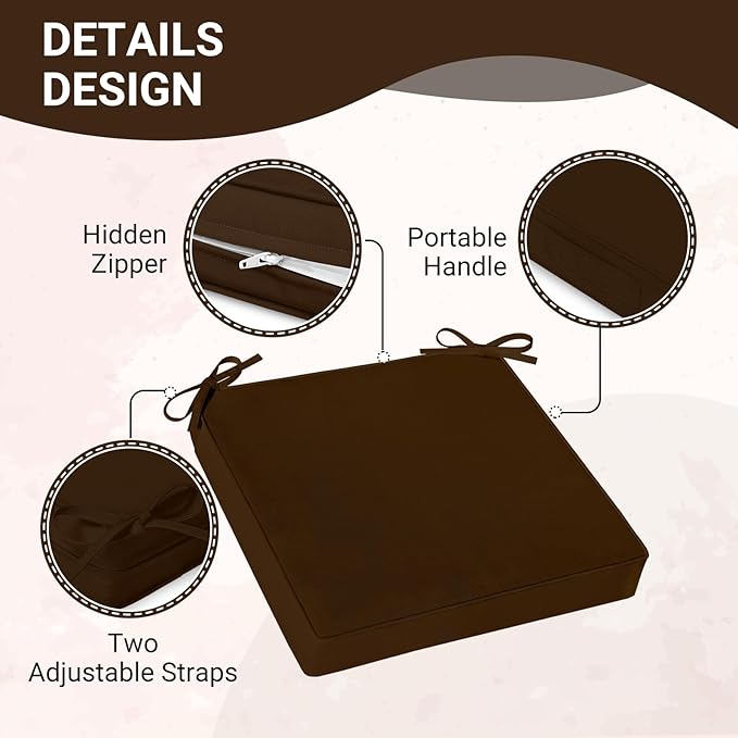 downluxe Waterproof Outdoor Chair Cushions Set of 2, 19" x 19" x 3" Patio Chair Cushion with Non-Slip Ties & Handle, Square Outdoor Cushion for Patio Furniture with Removable Cover, Brown
