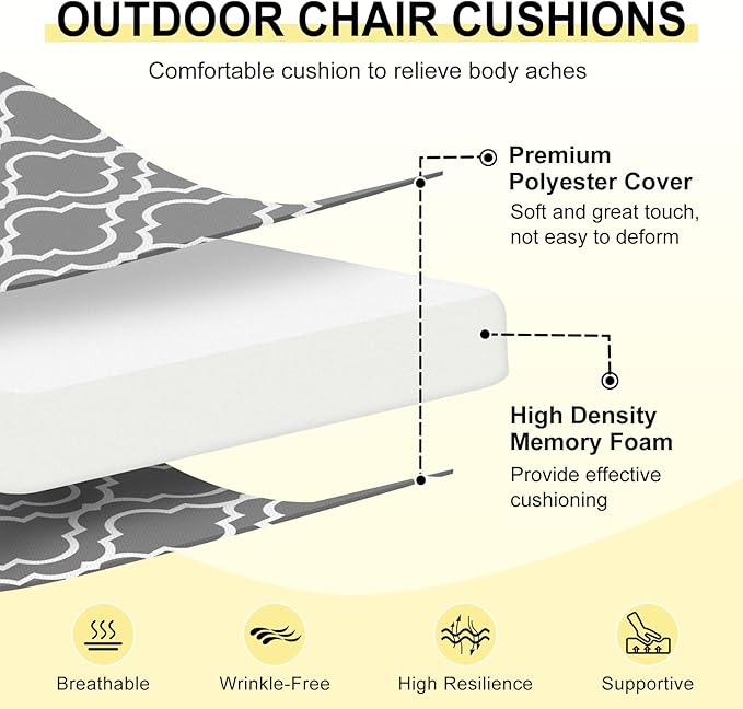 downluxe Outdoor Chair Cushions Set of 4 for Patio Furniture, Water-Resistant Patio Chair Cushions with Ties, High Density Foam Outdoor Seat Cushion, 17" X 16" X 2", Grey Gourd