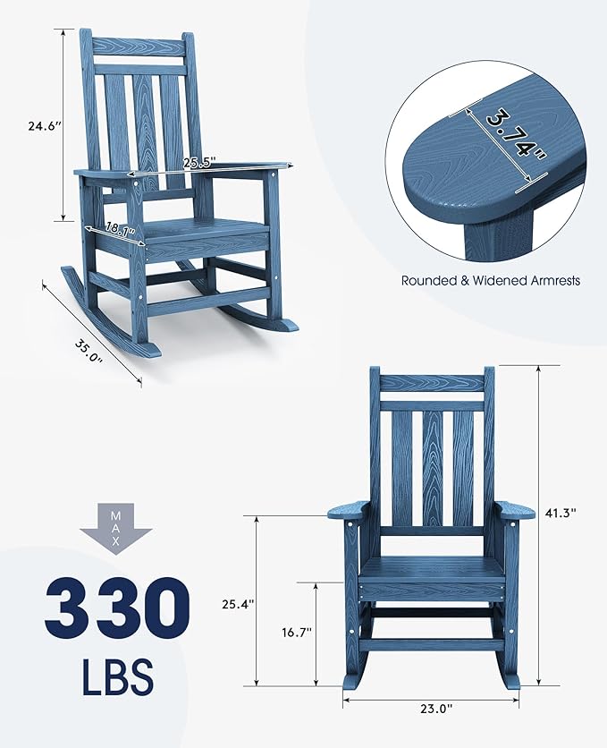 KINGYES Outdoor Rocking Chair, All-Weather Patio Rocking Chairs for Porch, HDPE Rocking Outdoor Chairs with High Back for Adult, Heavy Duty Outdoor Patio Rockers for Garden, Lawn, Blue