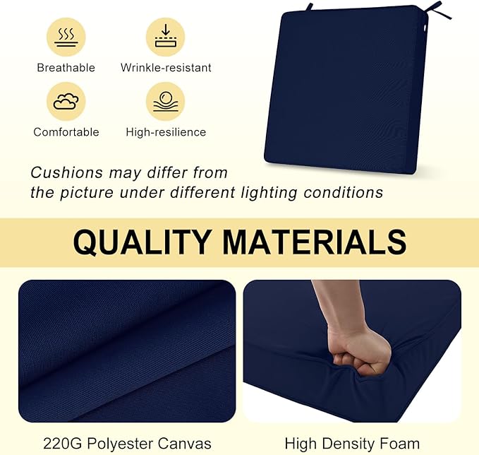 downluxe Waterproof Outdoor Chair Cushions for Patio Furniture, 18" x 18" x 2" Patio Chair Cushion with Adjustable Ties & Portable Handle, Square Outdoor Cushion with Removable Cover, Navy, 2 Pack