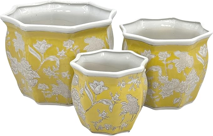 Galt International Yellow & White Round Fluted Floral Porcelain Ceramic Plant Flower Planter Pot Set of 3 (7.5", 10", 13") Garden Pots Chinese Asian Design