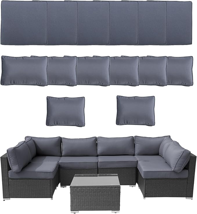 14Piece Outdoor Sofa Cushion Replacement, Patio Furniture Waterproof Cushion with Zippers, fit 6-Seat Outdoor Wicker Rattan Sectional Couch (BlackGrey, 24.8"x24.8"x3.15")