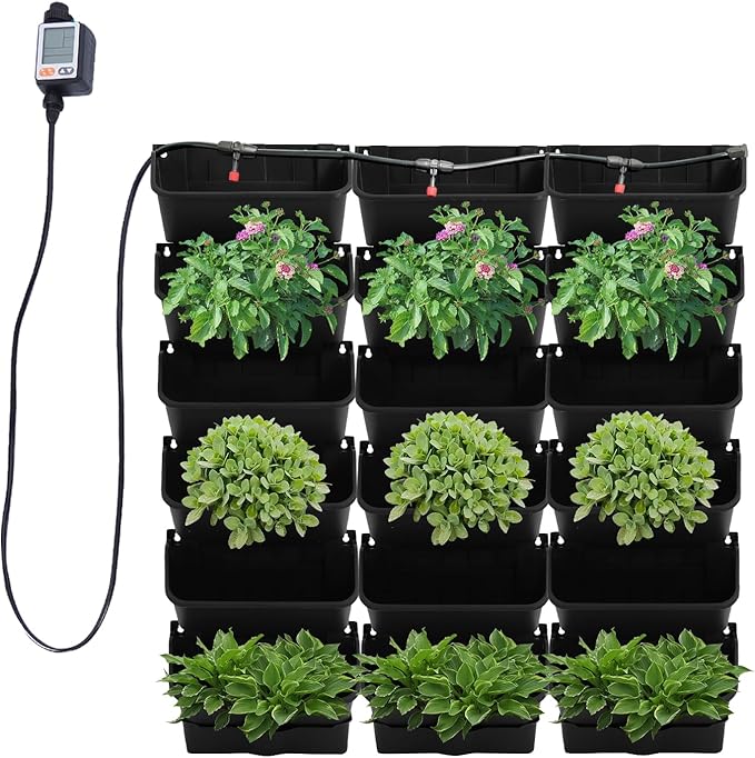 18 Pots Vertical Garden Planter, 6 Tiers Self-Watering Wall-Mounted Flower Pot Bags,Vertical Wall Planter w/Timer&18pcs Plant Pots, Hanging Planter Rack Balcony Planter for Herb (Black)