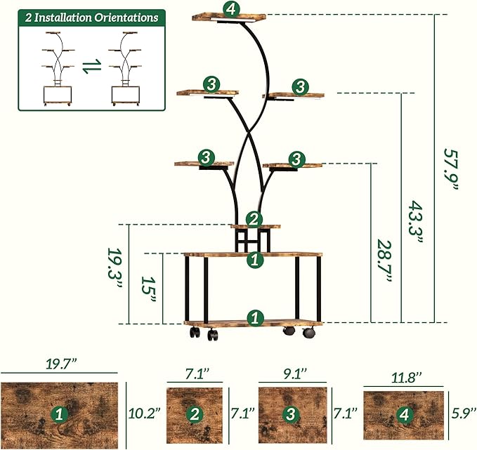Plant Stand Indoor with Grow Lights, 8 Tiered Metal Plant Shelf with Wheels, 58" Tall Corner Plant Stand Flower Display Rack Holder for Living Room, Patio