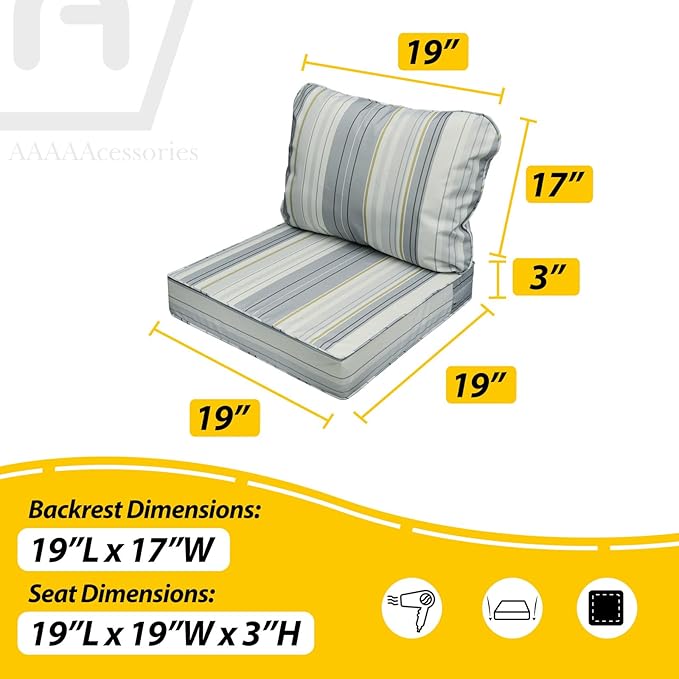 AAAAAcessories Outdoor Seat Cushions for Chairs, Fade-Resistant, Waterproof Patio Furniture Replacement Cushions, 19" x 19" x 3" + 19" x 17", Ash Blue Harbor Stripe
