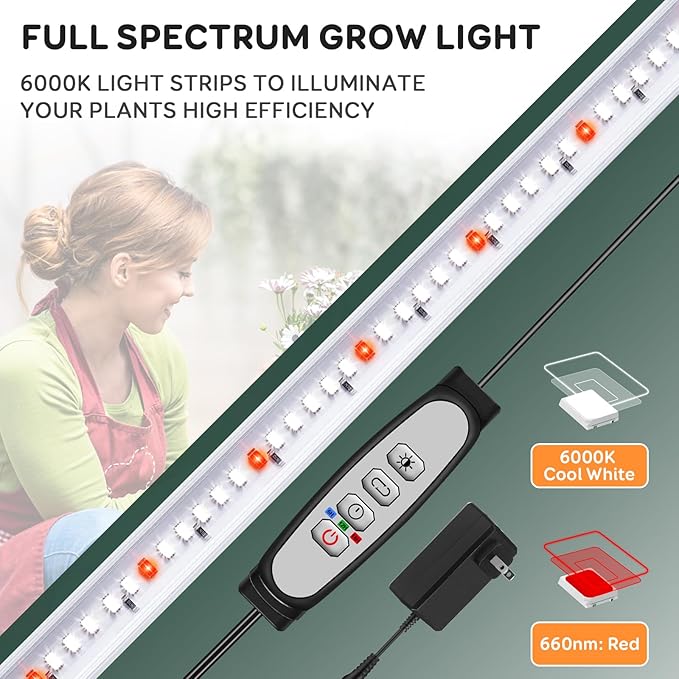 16'' 6 Bars Grow Light Strips for Indoor Plants with Auto ON/Off Timer 6/12/18H, 5 Dimmable Levels for Shelves Plant Growing(Pack 1)