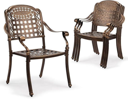 VINGLI Patio Chairs Set of 4 - Stackable Outdoor Cast Aluminum Dining Chairs with Vintage Bronze Finish and Plaid Pattern, Metal Armchairs for Poolside, Backyard, Balcony (No Cushion)