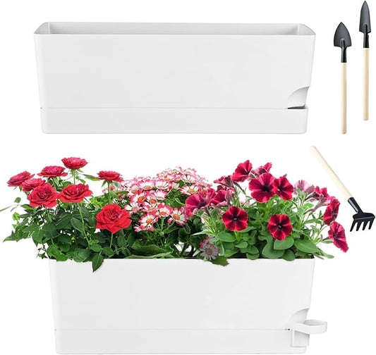 2 Pack Self Watering Pots for Indoor Plants 17 Inches Window Boxes Planters Rectangular Flower Pots Rectangle Herb Pots Large Plant Pots with Drainage Holes and Saucers Windowsill Planter, White