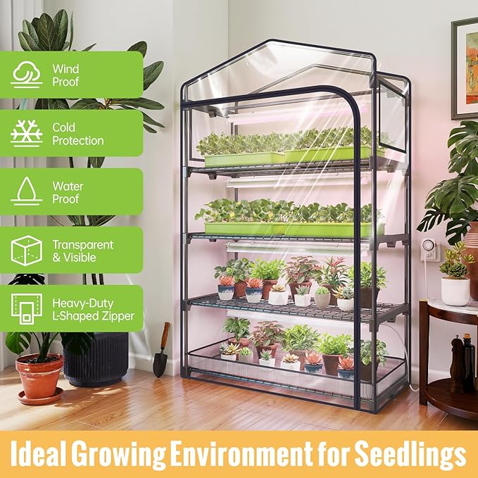 Indoor Greenhouse with Grow Light, 4-Tier Plant Shelf with T5 1.6FT 32W Full Spectrum LED Grow Light for Seed Starting, Succulent, Settable Timer Socket, 39" L x 19" W x 64" H