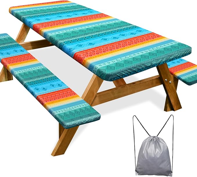 Picnic Table Cover with Bench Covers 6FT 3 Pcs Waterproof Windproof Aesthetic Camping Tablecloth with Drawstring Bag, Fitted for 6 Foot Rectangle Tables and Seats, 72 inch, Teal Orange