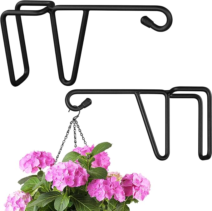 Vinyl Fence Hooks, Patio Hangers Decorative White Powder Coated Steel Fence Hangers Suitable for Hanging Flower Baskets - Wind Chimes - Planters - Bird Feeders -Lights (2 Pack - Black)
