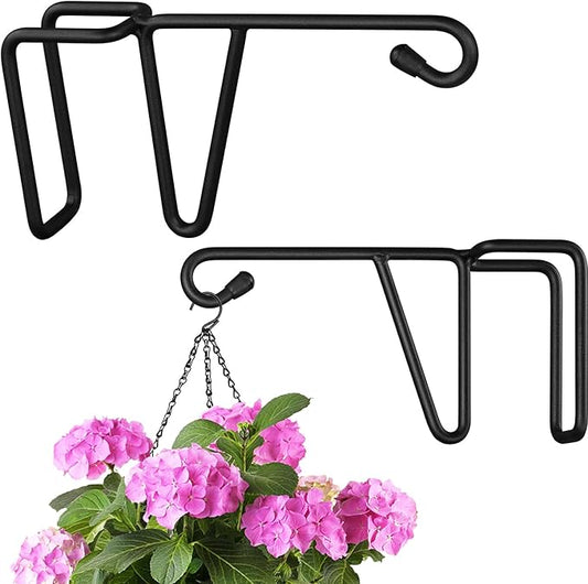 Vinyl Fence Hooks, Patio Hangers Decorative White Powder Coated Steel Fence Hangers Suitable for Hanging Flower Baskets - Wind Chimes - Planters - Bird Feeders -Lights (2 Pack - Black)