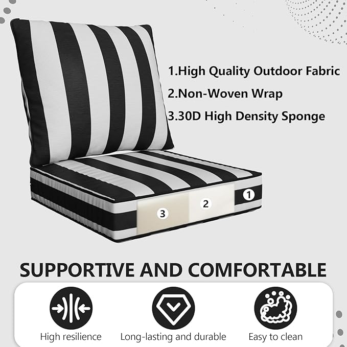 22" x 22" x 6" Outdoor Deep Seat Cushions - Waterproof & Fade Resistant Patio Furniture Replacement Cushions, Non-Slip Outdoor Cushions Fit Loveseats, Couches, Chairs, and Sofas