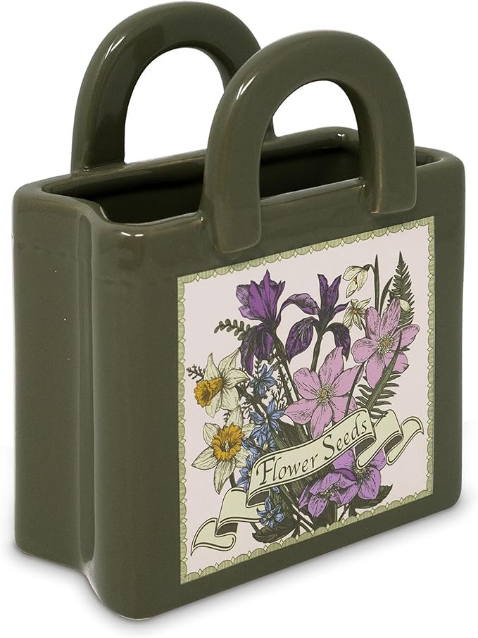 Steel Mill and Co Mini Ceramic Tote Bag Vase, Novelty Wildflower Garden Shop Planter, Unique Desk Pen Holder & Pencil Cup, Small Succulent Pot & Home Decor (Wildflowers)