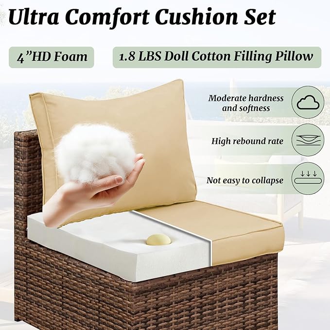 Outdoor Sectional Cushions Replacement Set, 26x26in Patio Furniture Cushions, 14 Pieces Waterproof Outdoor Couch Cushion for 6 Seat Wicker Conversation (Beige)