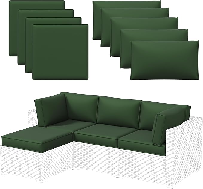 Aoxun Outdoor Replacement Cushions for Patio Furniture, 4'' Water-Repellent Sofa Cushion for 4-Seat Rattan Wicker Sectional, Deep Seats & Fade Resistant (9-Piece, Green)