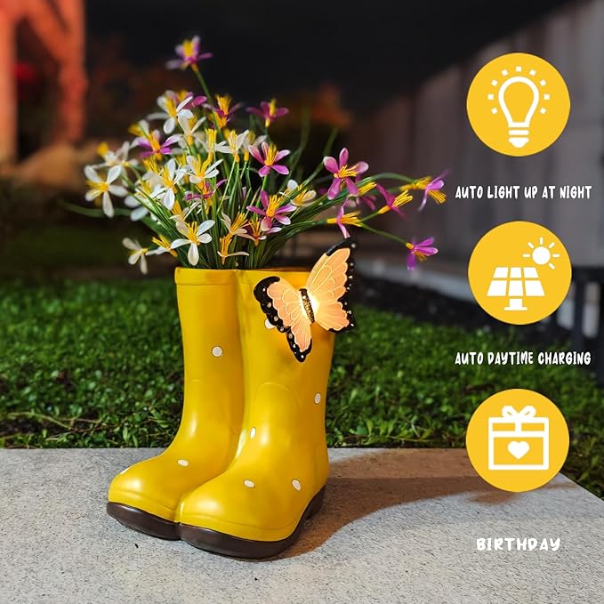 Garden Boots Planter Set with Butterfly Decoration, Outdoor Resin Flower Pot for Patio and Porch, Whimsical Waterproof Gardening Decor, Cute Gardening Gift for Women and Men (yellow)