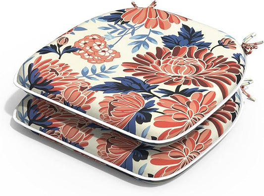 Outdoor Chair Cushions 16"x17" Set of 2, Water Resistant Patio Chair Pads with Ties, Seat Cushions for Home Garden Furniture Decoration, Red Chrysanthemum