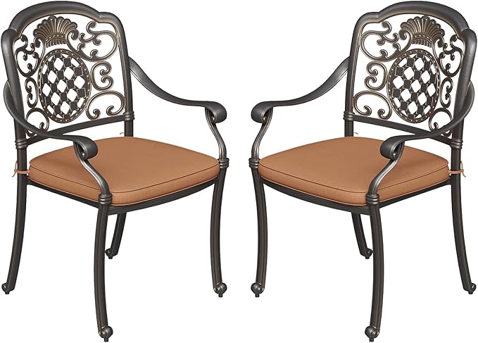 Garvee 2 Piece Patio Dining Chairs with Cushions, Outdoor All-Weather Cast Aluminum Chairs, Patio Bistro Dining Chair Set of 2 for Garden Deck Backyard, Dark Bronze