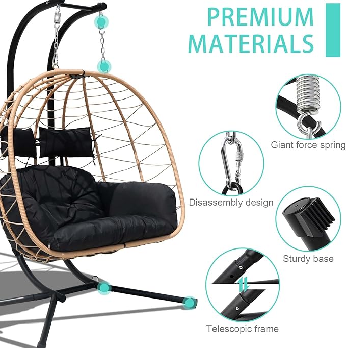 Hanging Egg Chair with Stand Indoor Swinging Chair Outdoor Hammock Egg Chair for Patio, Bedroom, Garden and Balcony (Black, Large)