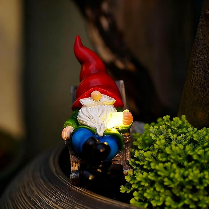 Solar Garden Gnome Statues Miniature Outdoor Christmas Decor Gnome Figurine Lights for Outdoor Home Patio Balcony Yard Lawn for Women Mom Grandma Family Friend 3.66" D x 2.52" W x 4.72" H
