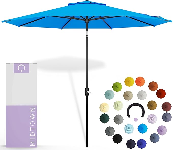 Midtown Umbrellas - 10-Year-No-Fade 6 Ft Patio Umbrella with Terylast Fabric, Auto-Tilt Aluminum Frame and 8 Reinforced Ribs for Deck, Pool, Garden & Beach - Cobalt Blue Canopy, Black Pole