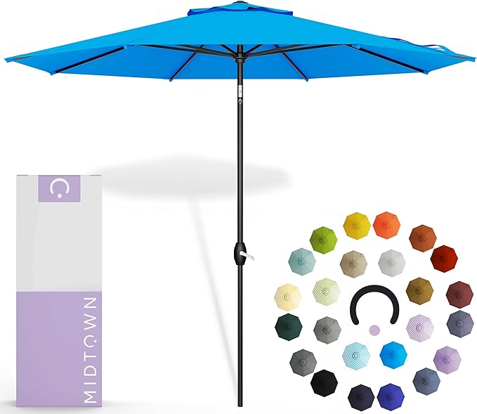 Midtown Umbrellas - 10-Year-No-Fade 8 Ft Patio Umbrella with Terylast Fabric, Auto-Tilt Aluminum Frame and 8 Reinforced Ribs for Deck, Pool, Garden & Beach - Cobalt Blue Canopy, Black Pole