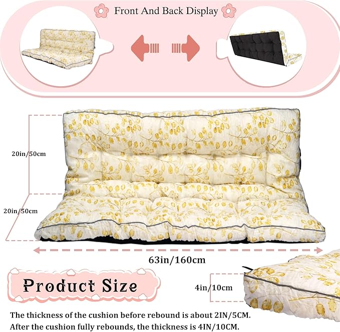 2-3 Seat Swing Replacement Cushion, Outdoor Bench Cushions with Backrest Thicken 4", Patio Furniture Garden Porch Loveseat Glider Pad Anti-Fading Waterproof (Yellow Leaf, 40x63in-thicken)