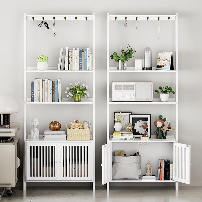 4-Tier Ladder Shelf with Drawers, Ladder Bookshelf with 6 Hooks, Tall Narrow Retro Bookcase, 24.8"L x 10.6"W x 59.5"H, Freestanding Storage Shelf for Living Room, Home Office, Bedroom, White
