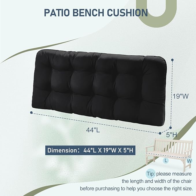 downluxe Outdoor Bench Cushion for Patio Furniture, Waterproof Tufted Overstuffed Porch Swing Cushions, Thick Outdoor Loveseat Cushions, 44" X 19" X 5", Black, Set of 1