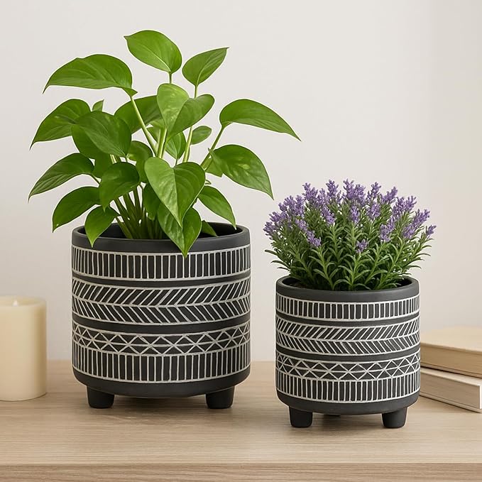 Set of 2 Tribal Look Footed Decorative Planter Pot – Ceramic Stoneware Outdoor and Indoor Plant Pot – Modern Garden and Home Decor Planters – 6" and 8", Black