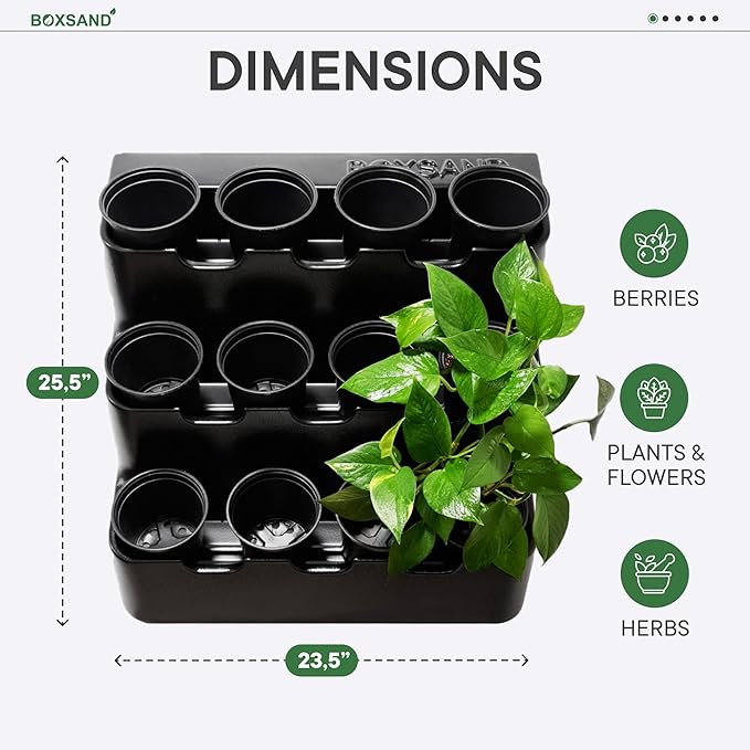 BOXSAND-12 Vertical Wall Planter (24"x26", Black) – Living Wall for 12 Plants, Indoor/Outdoor Vertical Garden System, Easy 2-Screw Install