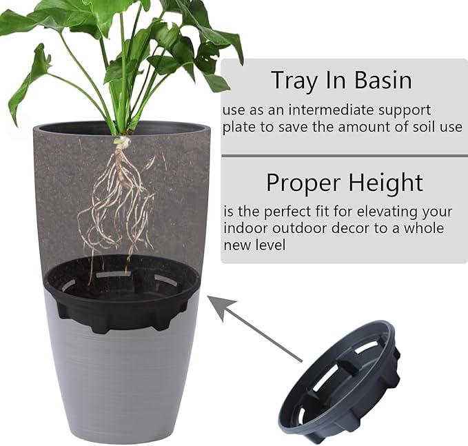 Tall Round Planter 2Pack-11.8"W*21"H Dark Wooden Grain Finish Flower Pots Indoor Decorative Container Garden Patio Outdoor Indoor Plants Unbreakable Resin With Drainage Hole&Movable Insert Shelf