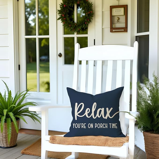 PANDICORN Decorative Throw Pillow Covers 18x18 Inch Relax Porch Time Blue Outdoor Rustic Farmhouse Decorations Pillow Decorative Throw Pillows Cases Cushion Covers for Porch Couch Sofa Decor