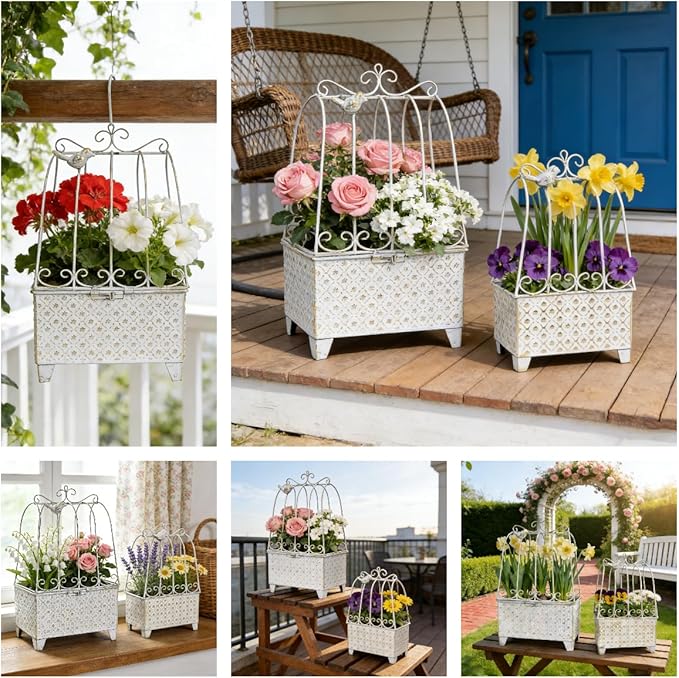 2-Piece Vintage White Metal Birdcage Planter Set, Decorative Flower Pots with Ornate Design for Indoor Outdoor Garden Decor, Distressed Planters (White)