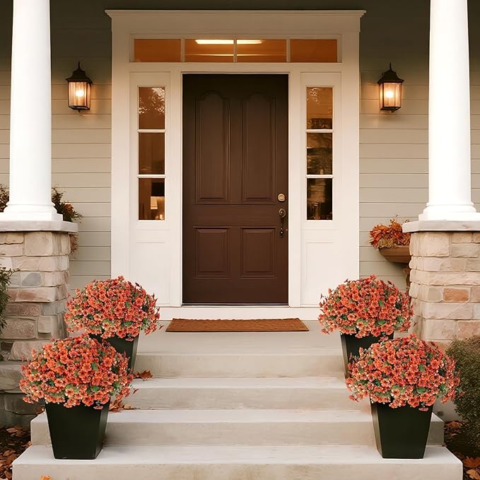 Artificial Flowers for Outdoor Fall Decoration-Faux Flower Petunia with Eucalyptus Fake Plants Boxwood for Front Door Planter Home Garden Porch Patio Thanksgiving Autumn Decor-24 Bundles (Orange)