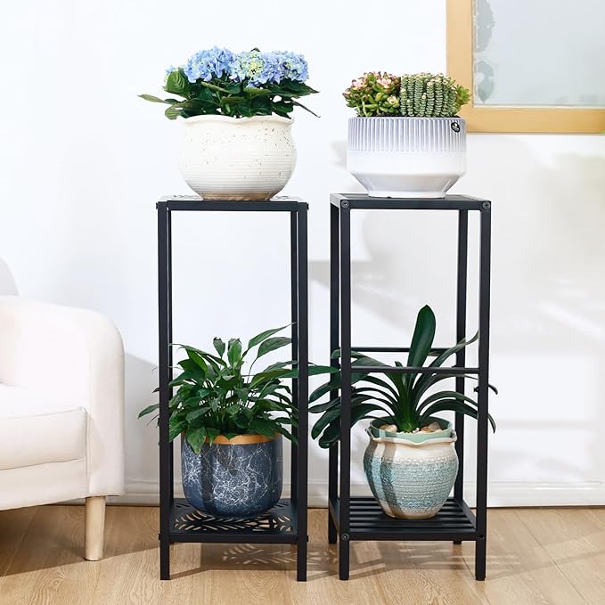 Party Zealot 2-Tier Tall Metal Square Plant Stand Heavy-Duty Modern Flower Pot Rack for Indoor Living Room, Corner Side Table for Outdoor Patio, Garden, and Balcony Black, 12" D x 31" H