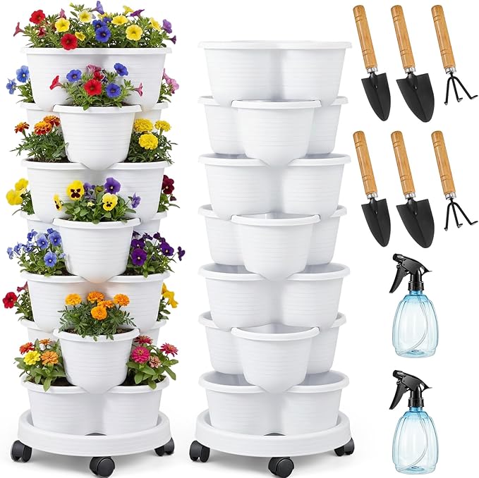 Umigy 2 Set of 7 Tier Stackable Vertical Planters with Removable Wheels and Tools Tower Planters Strawberry Herb Flower Vegetable Pots Indoor Outdoor Gardening Pots(White)