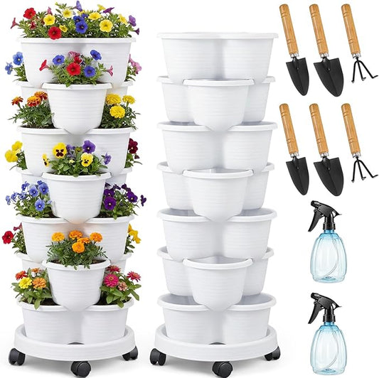 Umigy 2 Set of 7 Tier Stackable Vertical Planters with Removable Wheels and Tools Tower Planters Strawberry Herb Flower Vegetable Pots Indoor Outdoor Gardening Pots(White)