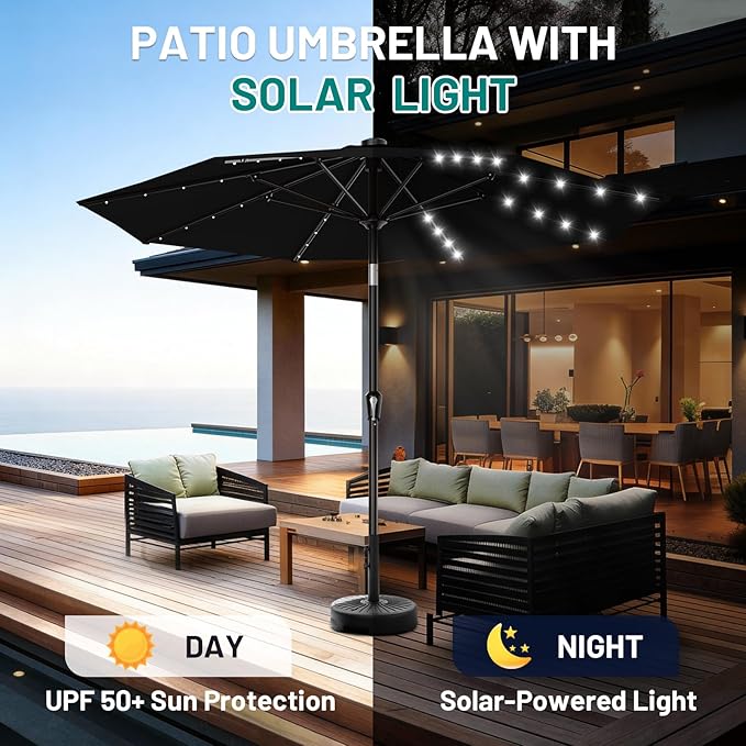AreShark 9FT Patio Umbrella with Solar Lights, 32 LED Lighted Pool Umbrella w/Tilt and Crank, Outdoor Market Solar Umbrellas for Garden, Deck, Backyard, Pool and Beach, Black