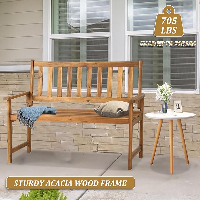 Outdoor Garden Wooden Bench,2-Person Garden Bench with Back and armrest, Acacia Wood Outdoor Bench Weatherproof for Patio,Front Porch,Park,Backyard,Wide Slatted Seat,Hold up to 705 LBS