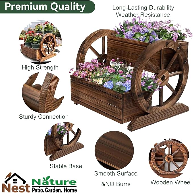 NestNature Wooden Wagon Planter Box,Raised Garden Bed,Decorative Garden Planters with Wheels-Outside Flower Pots for Indoor/Outdoor Décor Plants