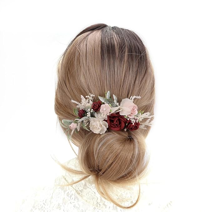 Burgundy Floral Hair Comb with Baby's Breath Dried Flower Bridesmaids Hair Clips Garden Wedding Hair piece Photo Prop