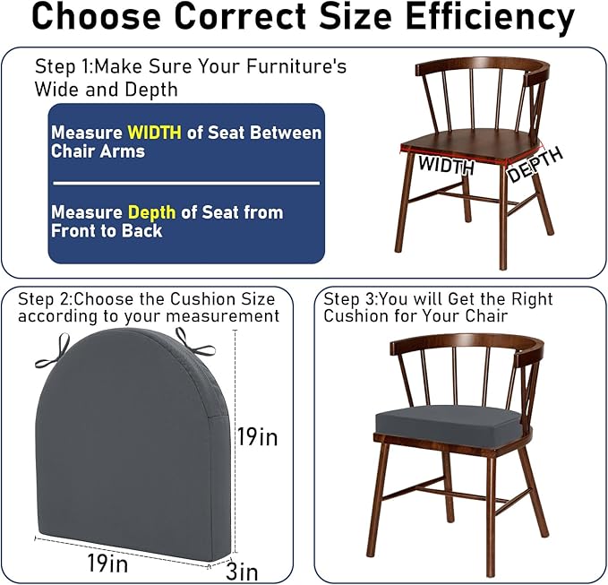 Topotdor Outdoor Chair Cushions Set of 2, 19"x19"x3" Waterproof Patio Chair Cushions for Outdoor Furniture, Round Corner Outdoor Seat Cushions Color Fastness Chair Pads with Ties, Dark Gray