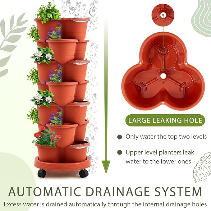 Umigy 1 Set Clay Red 7 Tier Stackable Vertical Planters with Removable Wheels and Tools Tower Planters Strawberry Herb Flower Vegetable Pots Indoor Outdoor Gardening Pots