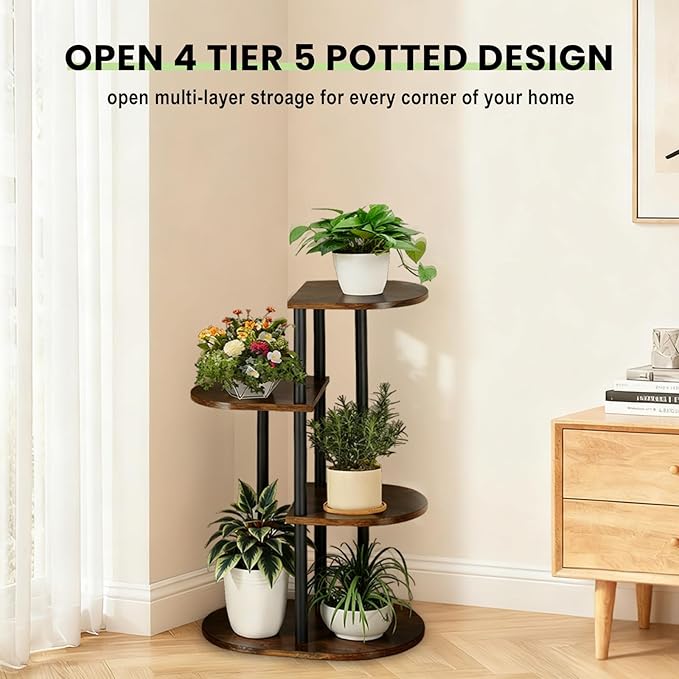 Tiered Plant Stand Indoor, Tall 4 Tier 5 Potted Wooden Plant Shelf for Multiple Plants, Multi Plant Holder Indoor for Patio Garden Patent Design Living Room Bedroom, Rustic Brown